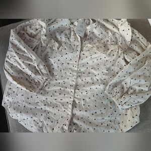 Linen Cream Button-Up Blouse with Ruffles